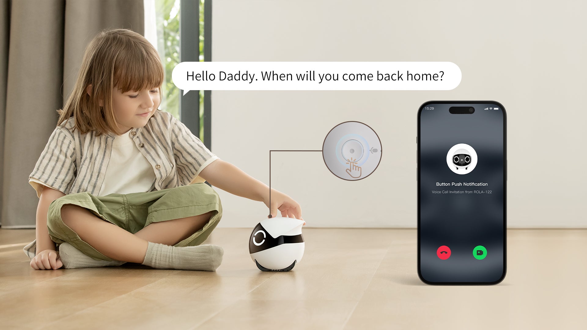 Child pressing ROLA Mini's top button to make a two-way call with family
